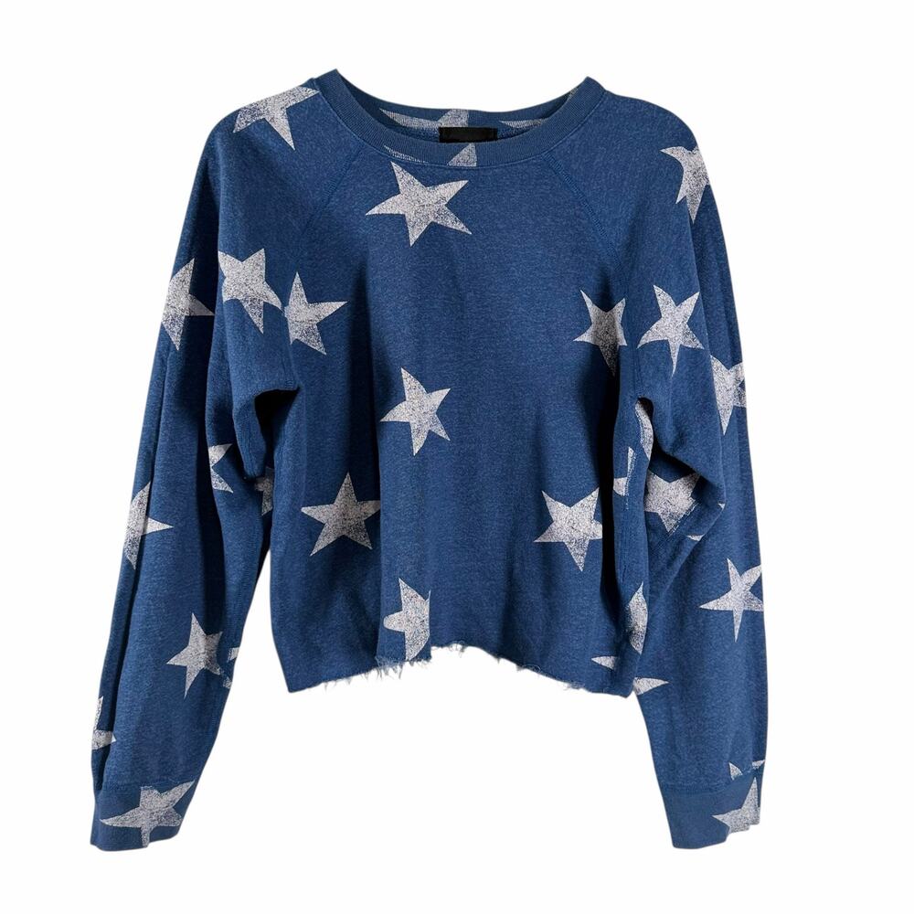 MONROW Blue Star Print Cropped Pullover Sweatshirt Raw Hem Fleece Size XS